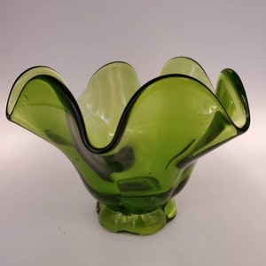Vase Bowl Green Glass Ruffled Top Footed MCM Midcentury Modern