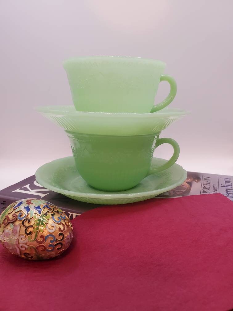 Fire King 1940s Jadeite Alice Cup and Saucer Sets Sold