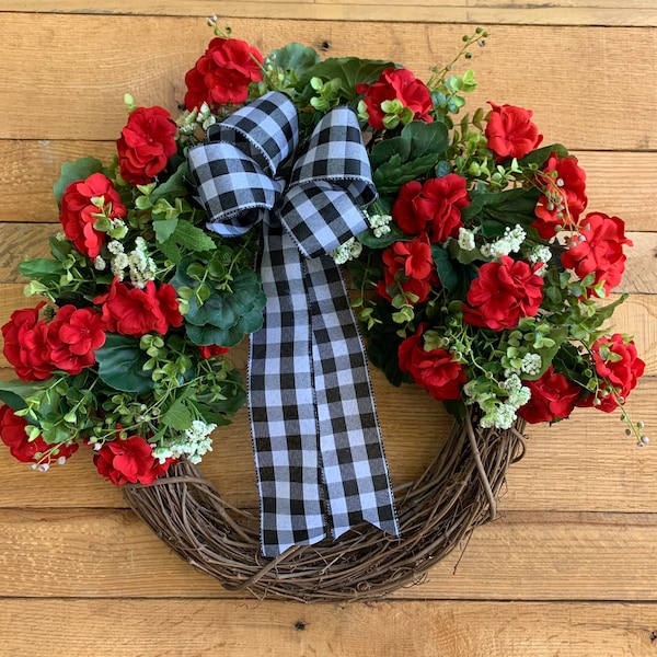 Geranium Wreath For Front Door, Farmhouse Wreath, Boxwood Wreath, Front Door Wreath, Red Geranium Wreath, Summer Wreath, Spring Wreath