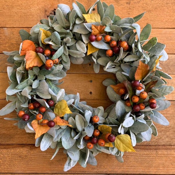 Fall Lambs Ear Wreath, Fall Wreath For Front Door, Fall Berry Wreath, Fall Leaf Wreath, Autumn Wreath, Fall Decor, Orange Berry Wreath