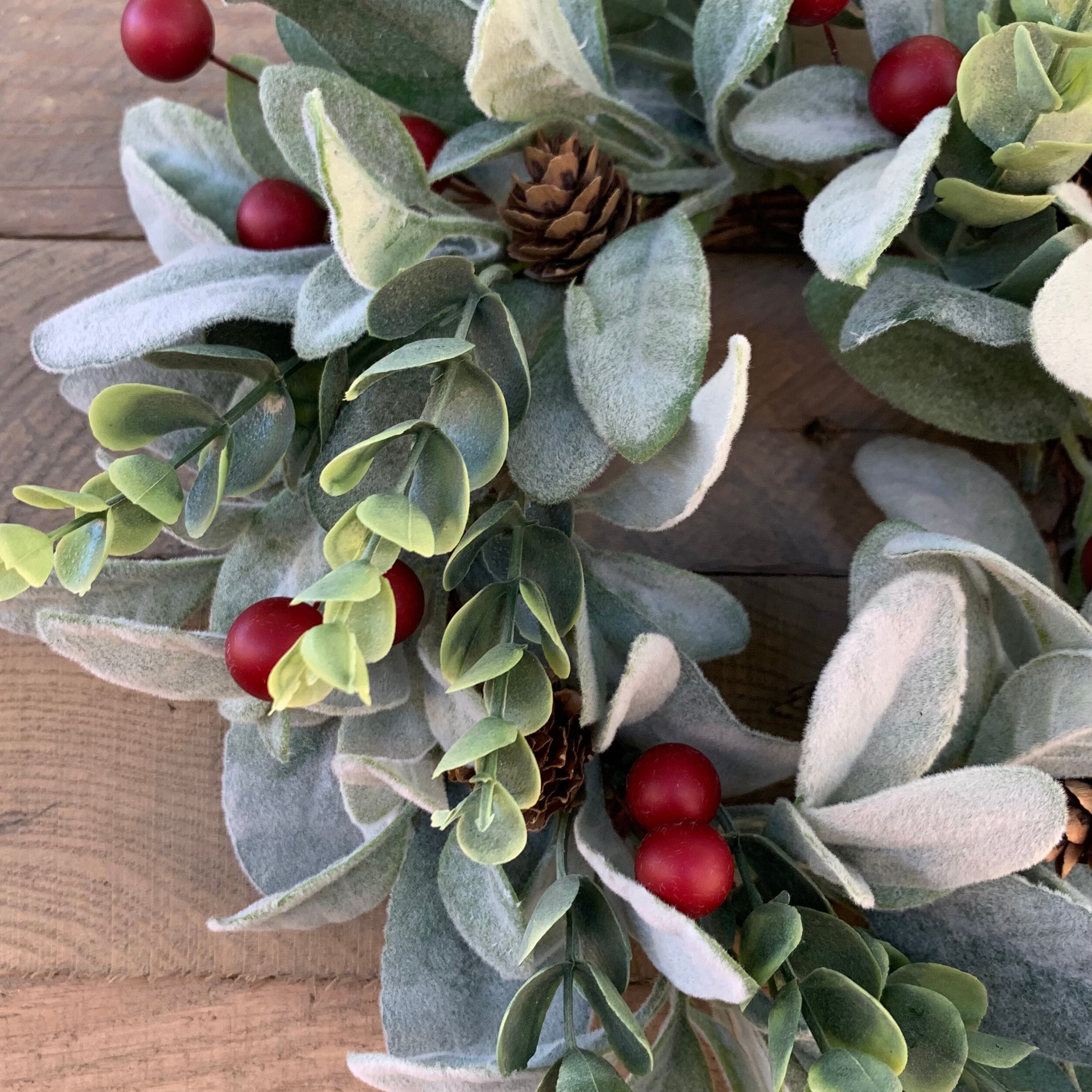 Mini Christmas Wreath, Lambs Ear Wreath, Small Candle Wreath, Red Berry ...