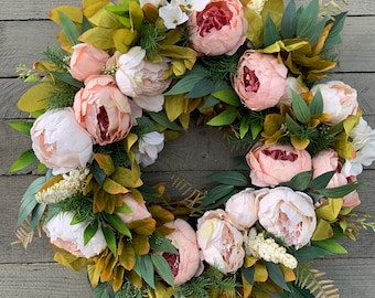 Valentines Wreath, Pink Peonies Wreath For Front Door, Everyday Wreath, Front Door Wreath, Farmhouse Wreath, Cottagecore Decor