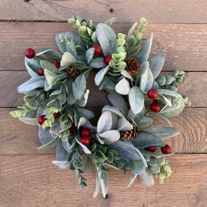 Mini Christmas Wreath, Lambs Ear Wreath, Small Candle Wreath, Red Berry Wreath, Winter Table Decor, Farmhouse Holiday Decor, Candle Ring