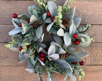 Mini Christmas Wreath, Lambs Ear Wreath, Small Candle Wreath, Red Berry Wreath, Winter Table Decor, Farmhouse Holiday Decor, Candle Ring