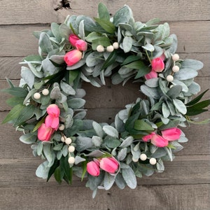 Spring Tulip And Lambs Ear Wreath,  Easter Wreath For Front Door, Pink Tulip Wreath,Farmhouse Wreath, Spring Wreath