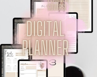 May include: Digital planner templates with a beige and brown color scheme. The templates include a weekly planner, a daily planner, a to-do list, and a blank page with the number 3. The text "PLUS 2 EXTRA PLANNER COVERS!" is visible in the top left corner of the image.