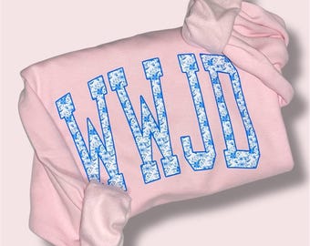 WWJD Blue Floral Sweatshirt: Chinoiserie Bible Verse Crewneck