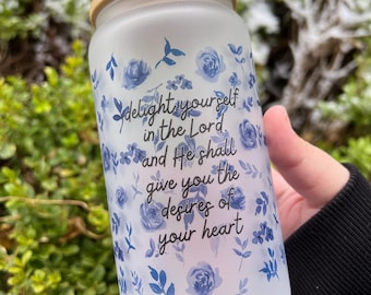 Floral Christian Glass Can Cup, Psalms 37:4, Faith Drinkware