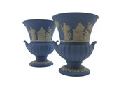 Pair of Wedgwood Jasper Medici Urn Vases - Blue Jasperware - Made In England