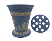 Large 7 quot Wedgwood Jasper Vase With Flower Arranger Frog - Blue Jasperware - Made In England