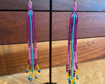 Purple Fringe Miyuki Beaded Long Dangle Earrings, Hand Woven