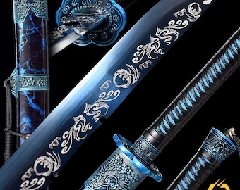 Handgefertigte Mangan Stahl Full Tang Katana geröstete Blau gravierte Klinge Scharf langlebig Outdoor Kampf Echt Samurai Schwert Bluebird Dance