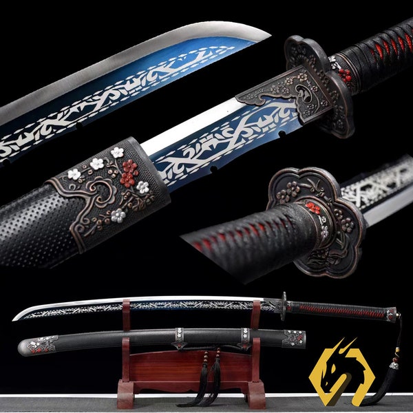 Handmade Manganese Steel Full Tang Katana Outdoor Survival Silver Edge Baked Blue Engraved Blade Very Sharp Real Katana