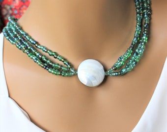 Coastal Chic necklace, Mother of pearl pendant necklace, Tropical necklace,  Seed bead necklace, Handmade necklace, Artisan bracelet