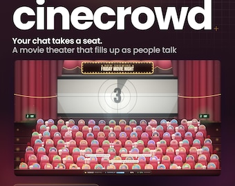 May include: A StreamElements widget for Twitch titled cinecrowd, featuring a digital movie theater graphic with rows of red seats filled with circular avatars, a large screen displaying a countdown, and text reading Your chat takes a seat.