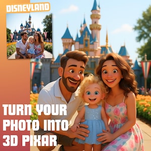Ritratto di famiglia Disneyland personalizzato – Arte digitale in stile Pixar in 3D – Illustrazione animata personalizzata della famiglia, famiglia Pixar in 3D, bambino