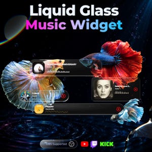 May include: A digital music widget display titled Liquid Glass Music Widget featuring translucent black bars with song information, album art, and audio waveforms. The design is set against a dark background with vibrant red and blue betta fish.