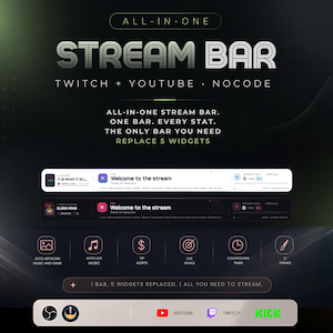 Puede incluir: Una barra de streaming todo en uno para Twitch y YouTube con interfaz sin código. El gráfico muestra dos barras horizontales con estadísticas, rastreadores de objetivos e iconos para ilustraciones, música, alertas y 17 temas distintos.