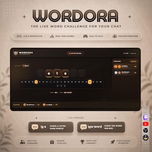 May include: A digital interface for the Wordora live word challenge game. The screen displays a word puzzle with the letters e, t, and e revealed, a ranking board for players, and chat commands including !ga to guess a letter and !gw to guess the word.