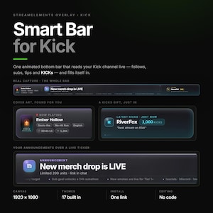 Può includere: Un'interfaccia di sovrapposizione digitale per lo streaming su Kick con una smart bar scura e semitrasparente. Visualizza dati del canale in tempo reale, inclusi lo stato del gioco, gli ultimi kick e annunci con testo come New merch drop is LIVE.