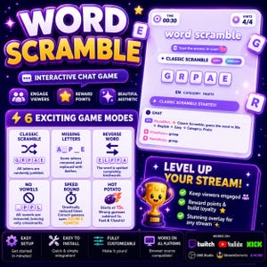 May include: A promotional graphic for a word scramble game. The design features a purple and yellow color scheme with the text "WORD SCRAMBLE" at the top. It highlights game modes, chat features, and stream integration.