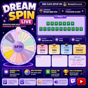 以下が含まれることがあります： ストリーマー向けのDream Spin Liveインタラクティブワードパズルオーバーレイ。カラフルな賞品ホイール、緑色の文字スロットを備えたフレーズボード、プレイヤーのスコアボックス、およびゲーム情報パネルが、濃い紫色の背景に配置されています。