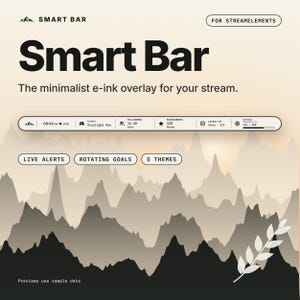 Puede incluir: Un gráfico de superposición digital titulado Smart Bar para StreamElements. Presenta una barra de información horizontal que muestra la hora, el estado en vivo, el título del juego, seguidores, suscriptores, propina reciente y una barra de progreso de objetivos. Texto: Live Alerts, Rotating Goals, 5 Themes.