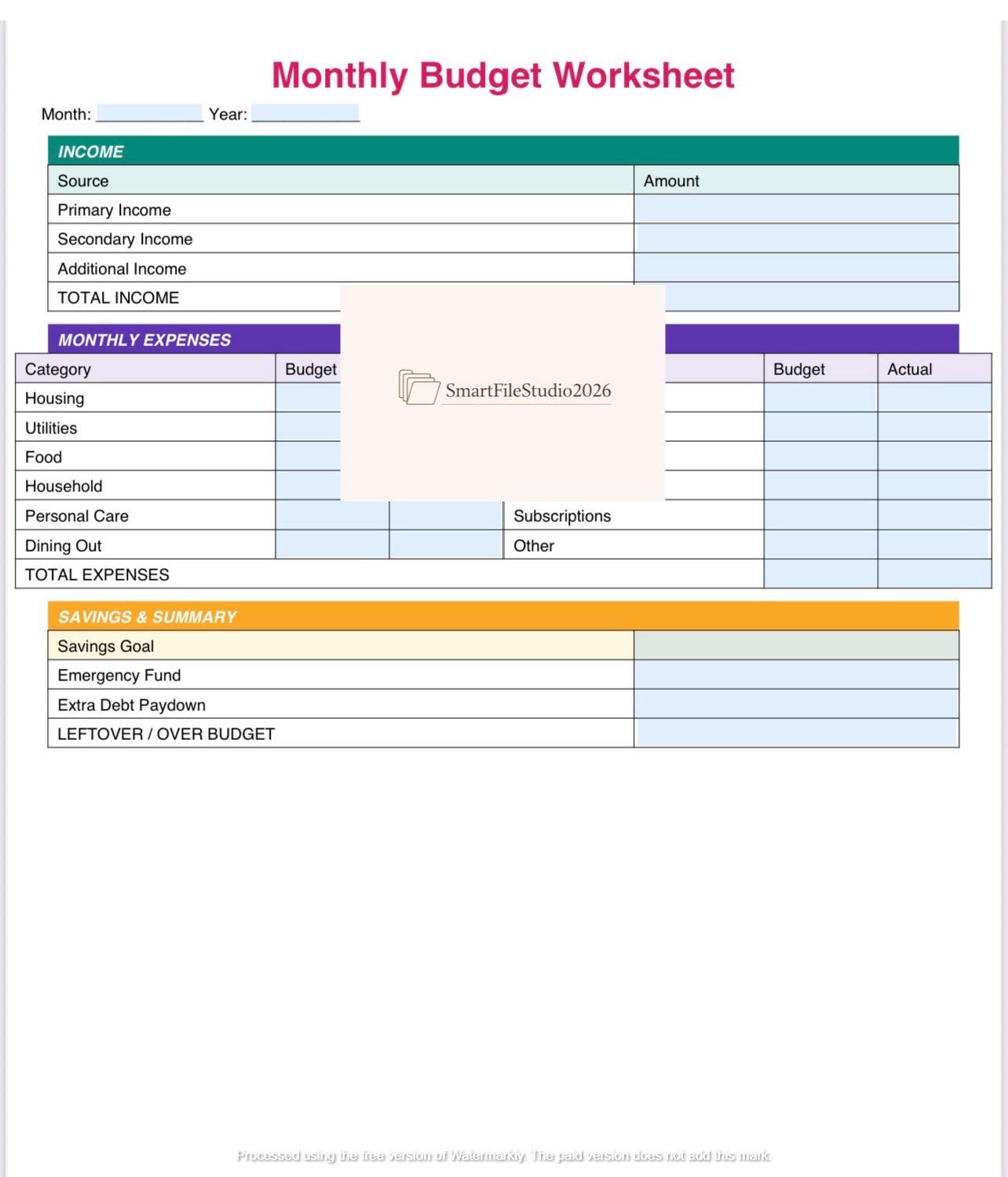 4 Printable Monthly Budget Worksheets & Debt Tracker | Digital Download