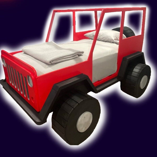 Plans de construction de lit Jeep pour enfants - Rêves tout-terrain : J.T. Modèle – Conception originale en bois massif pour le travail du bois, compatible avec les camions monstres surélevés à matelas double.