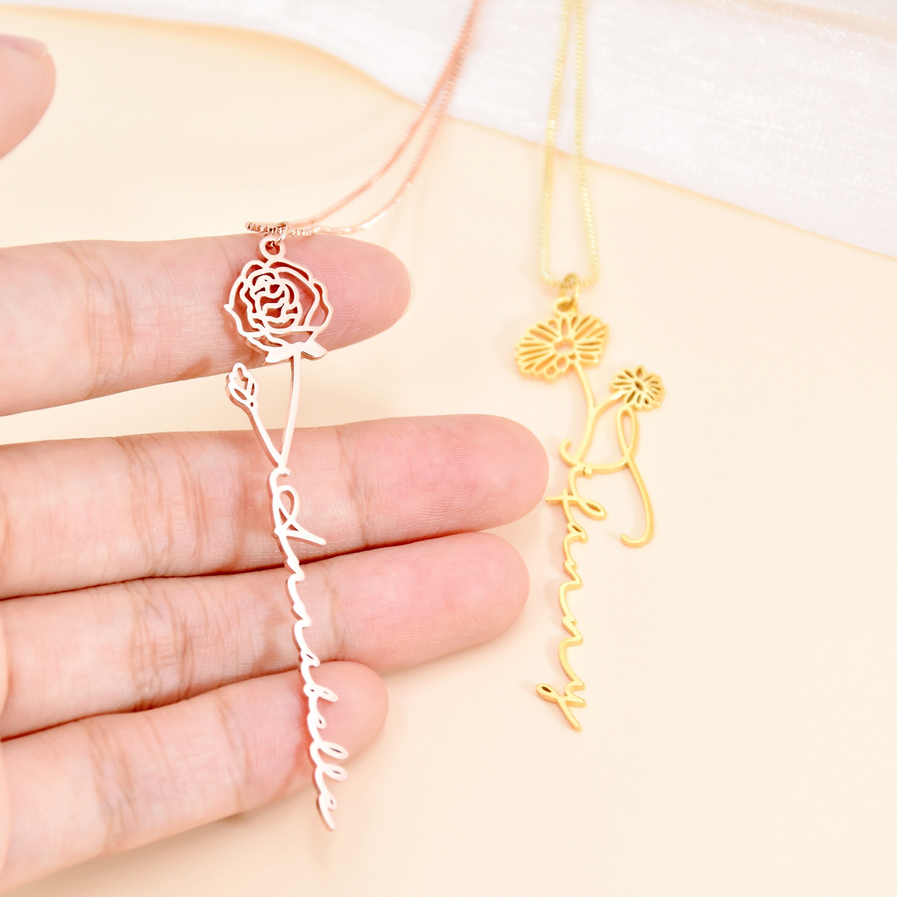 Name Necklace with Birth Flower, Custom Birth Month Flower Name Neckl…