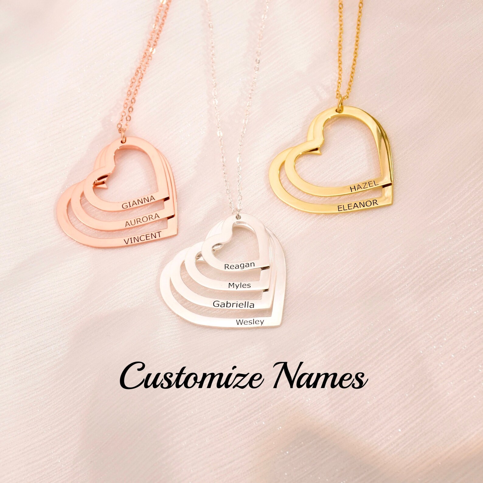 14K Gold Heart Name Necklace Engraved Family Names Heart Etsy
