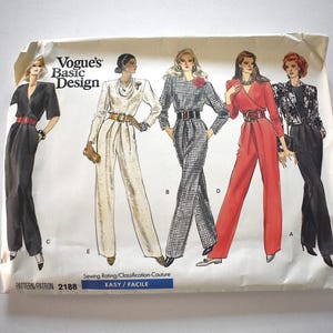 May include: A Vogue's Basic Design sewing pattern envelope, number 2188, featuring illustrations of five different jumpsuit styles in black, white, plaid, and red. The envelope includes the text Sewing Rating/Classification-Couture EASY/FACILE.