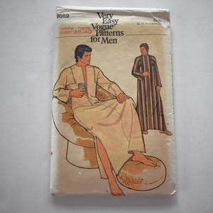 May include: Vintage Vogue Patterns for Men sewing pattern. The cover features illustrations of men's loungewear. The pattern includes a robe and a long-sleeved garment. The chest size is 38-40 inches.