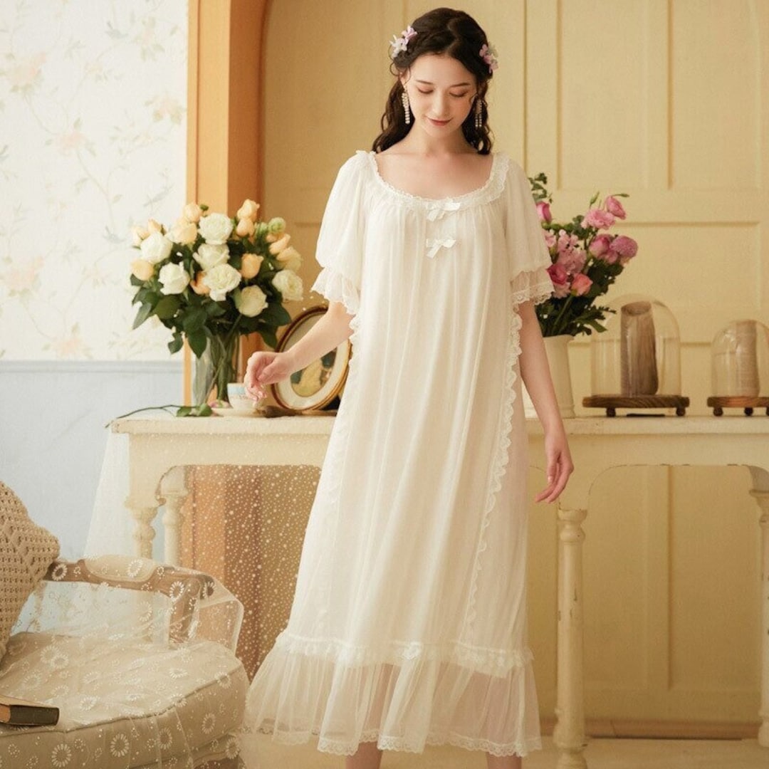 Romantic Long Night Dress Women Fairy Mesh Modal Sleepwear Etsy