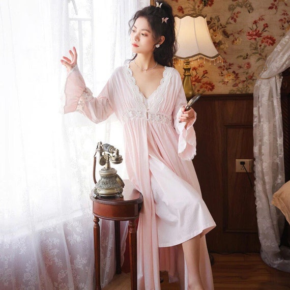 Pink Satin Floral Pattern Embroidered Long Nighty Gown with Robe Lingerie 2  Pcs Nightwear Set