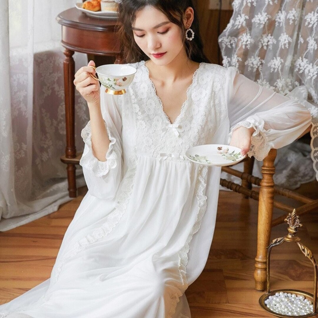 Victorian Embroidery Night Dress Women White Mesh Long Etsy