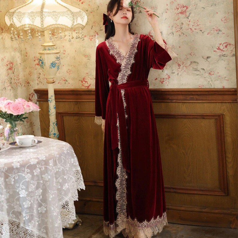 Velvet Victorian Nightgown Robe Set Lace Vintage Night Dress Etsy