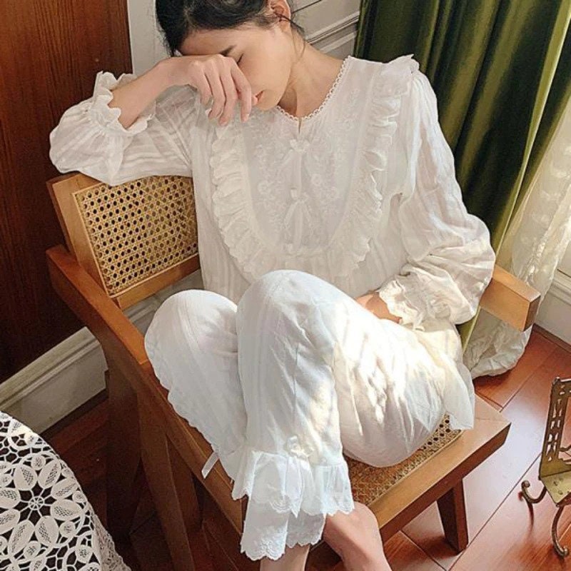 White Vintage Cotton Pajama Sets Women Spring Autumn Victorian Etsy