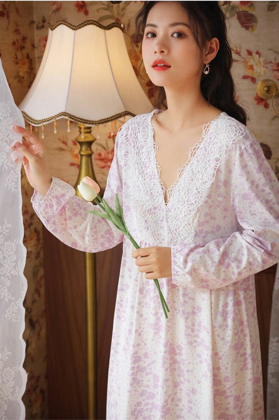 Floral Print Long Night Dress Women Cotton Sleepwear Autumn - Etsy