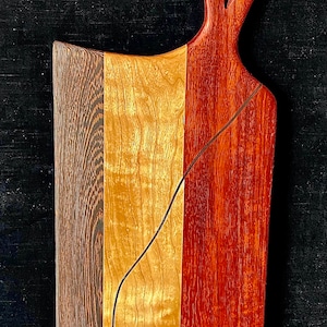 Exotic hand carved wood Charcuterie Board made from Padauk (Africa), Wenge (Africa), Cherry (USA)