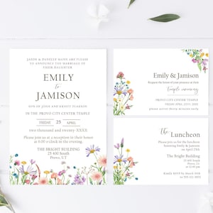 LDS Spring Wildflower Wedding Invitation Set Template, Pastel Flowers Summer Temple Wedding Invitation, Temple Insert Card, QR Code- EMW 1
