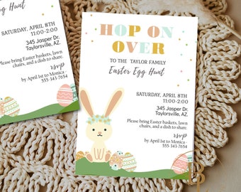 Easter Egg Hunt Invite, Easter Invitation, Hop on Over, Easter Egg Hunt Invitation, Editable Digital Template, Printable- HOP- 01