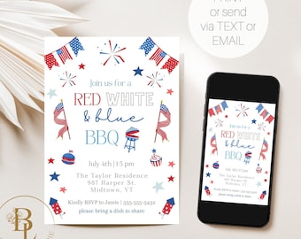 Fourth of July BBQ Invitation Template, Fourth of July Invitation, 4th of July Party, Memorial Day, Red, White & Blue, Editable Invitation