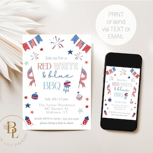 Fourth of July BBQ Invitation Template, Fourth of July Invitation, 4th of July Party, Memorial Day, Red, White & Blue, Editable Invitation