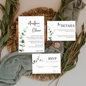 Eucalyptus Greenery Wedding Invitation Suite, Minimal Wedding Invitation Template Set, Wedding Invitation Suite - Austynn