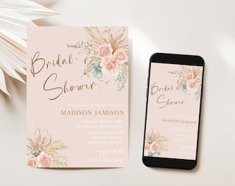 Blush Boho Bridal Shower Invitation, Dusty Rose Bridal Shower Invitation Template, Pale Blush Boho Bridal Shower, Pampas- Madison MA-00