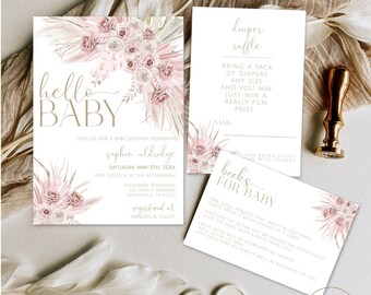 Puede incluir: Una invitación de baby shower floral rosa y blanca con el texto "hello baby" y una tarjeta de rifa de pañales con el texto "Trae un paquete de pañales de cualquier tamaño y puedes ganar un premio realmente divertido".