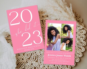 Hot Pink Graduation Party Invitation, Minimal Graduation Announcement 2023, Printable Graduation Invite, High School, College, She Did It