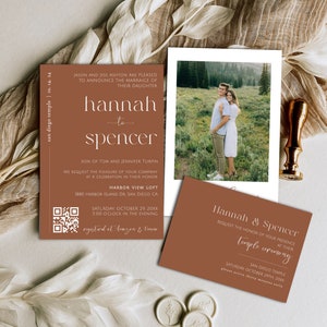 May include: A wedding invitation with a brown background and white text. The invitation announces the marriage of Hannah to Spencer. The invitation includes the date, time, and location of the wedding ceremony and reception. It also includes a QR code for guests to RSVP.