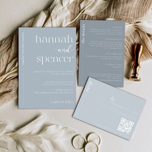 Dusty Blue Wedding Invitation, Minimalist Slate Blue Wedding Invitation, Sky Blue Wedding Invitation, QR Code RSVP, Details Insert- Hannah